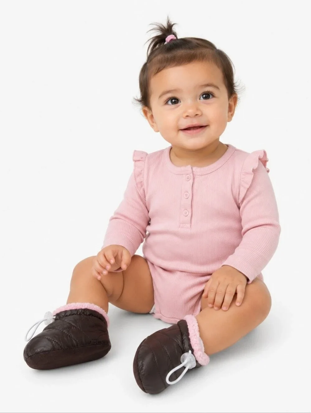 🍎 NWT Skidders Puffy Baby Booties Brown & Pink Sherpa Indoor Outdoor Slippers